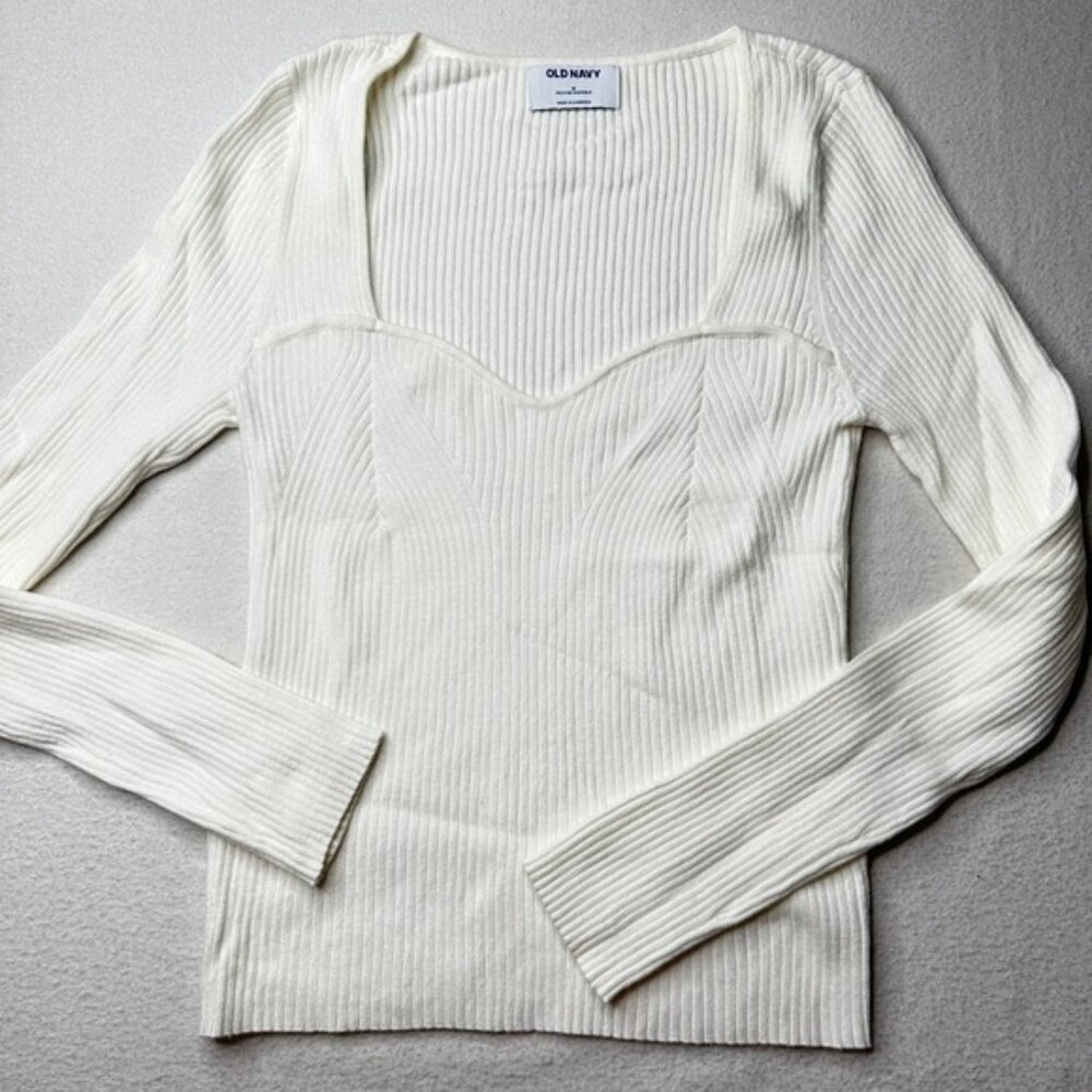 Old Navy Retro Womens Ribbed Square Long Sleeve Sweater Top Cream White Size M
